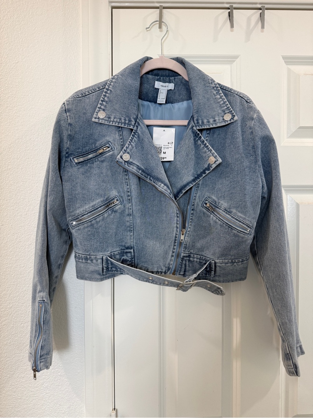 Forever21 Light Wash Cropped Denim Moto Jacket - Blue